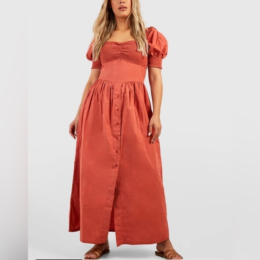 Boohoo Plus Poplin Milkmaid Maxi Dress Size 18 Burnt Orange Boho Feminine Cotton